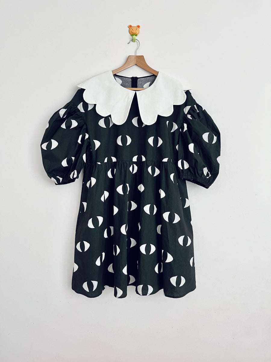 FLUTED LUCENT LONG PUFF SLEEVE DRESS