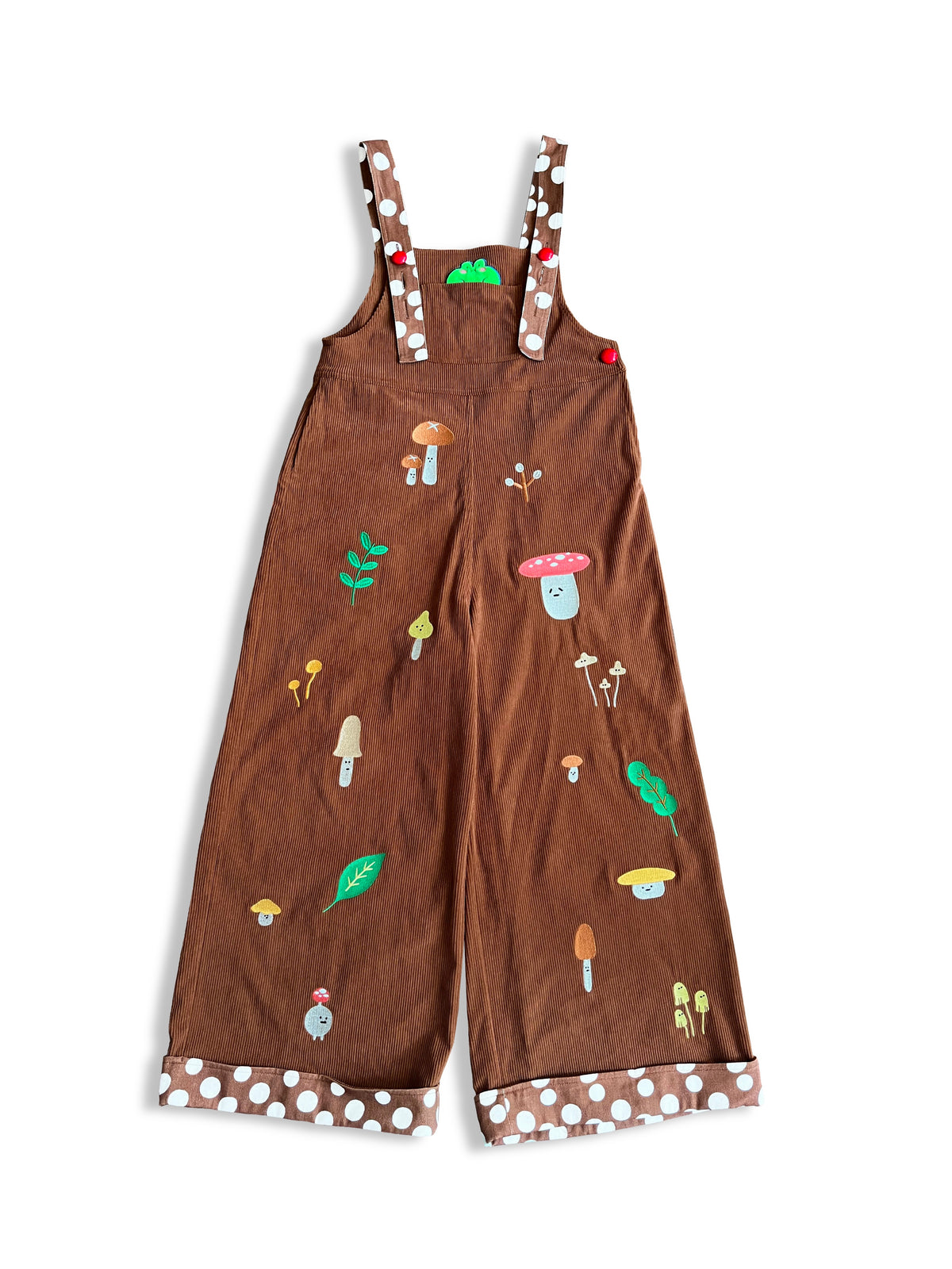 Mushroom Embroidered High-waisted Wide-leg Brown Dungarees