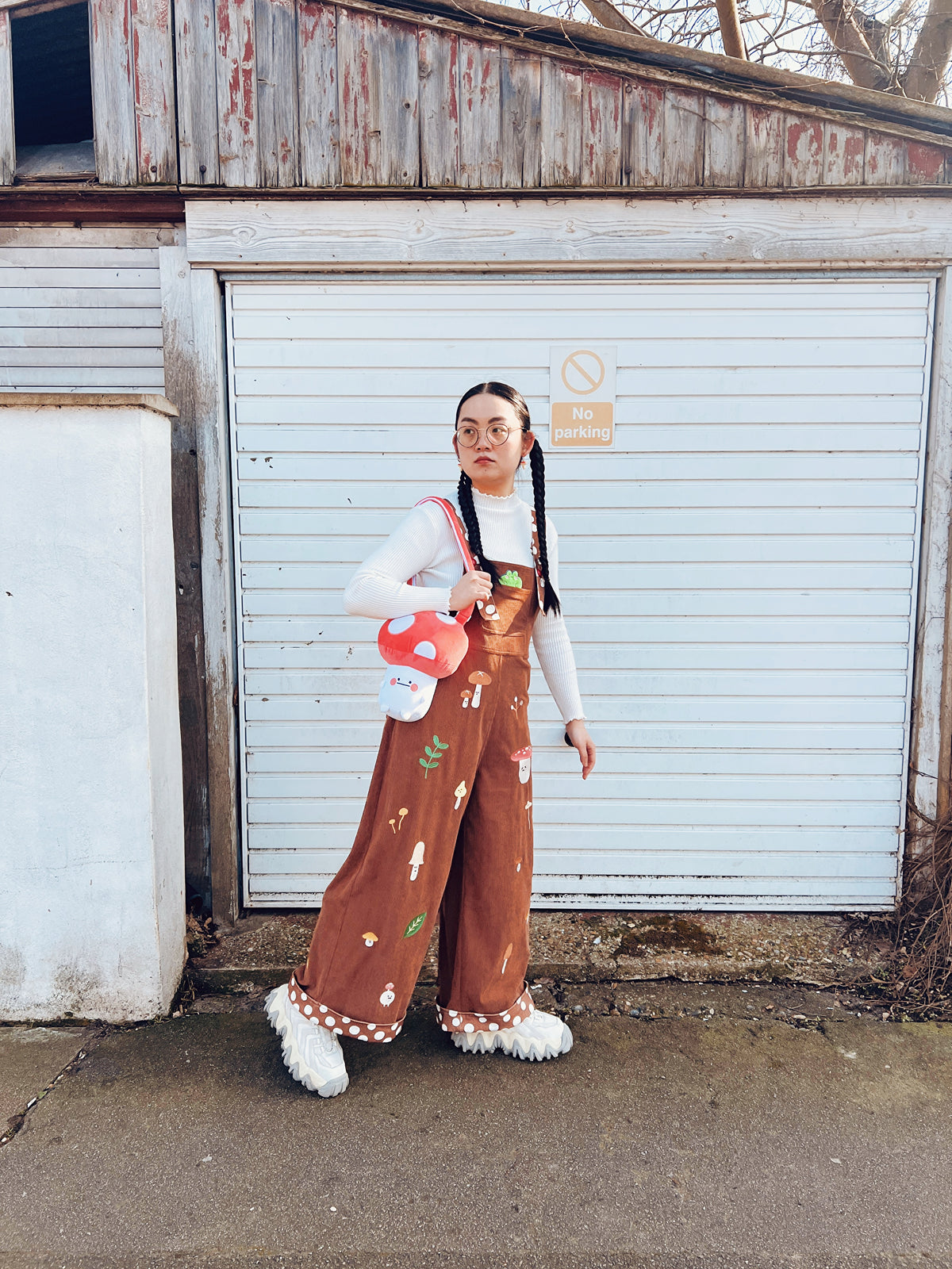 Mushroom Embroidered High-waisted Wide-leg Brown Dungarees