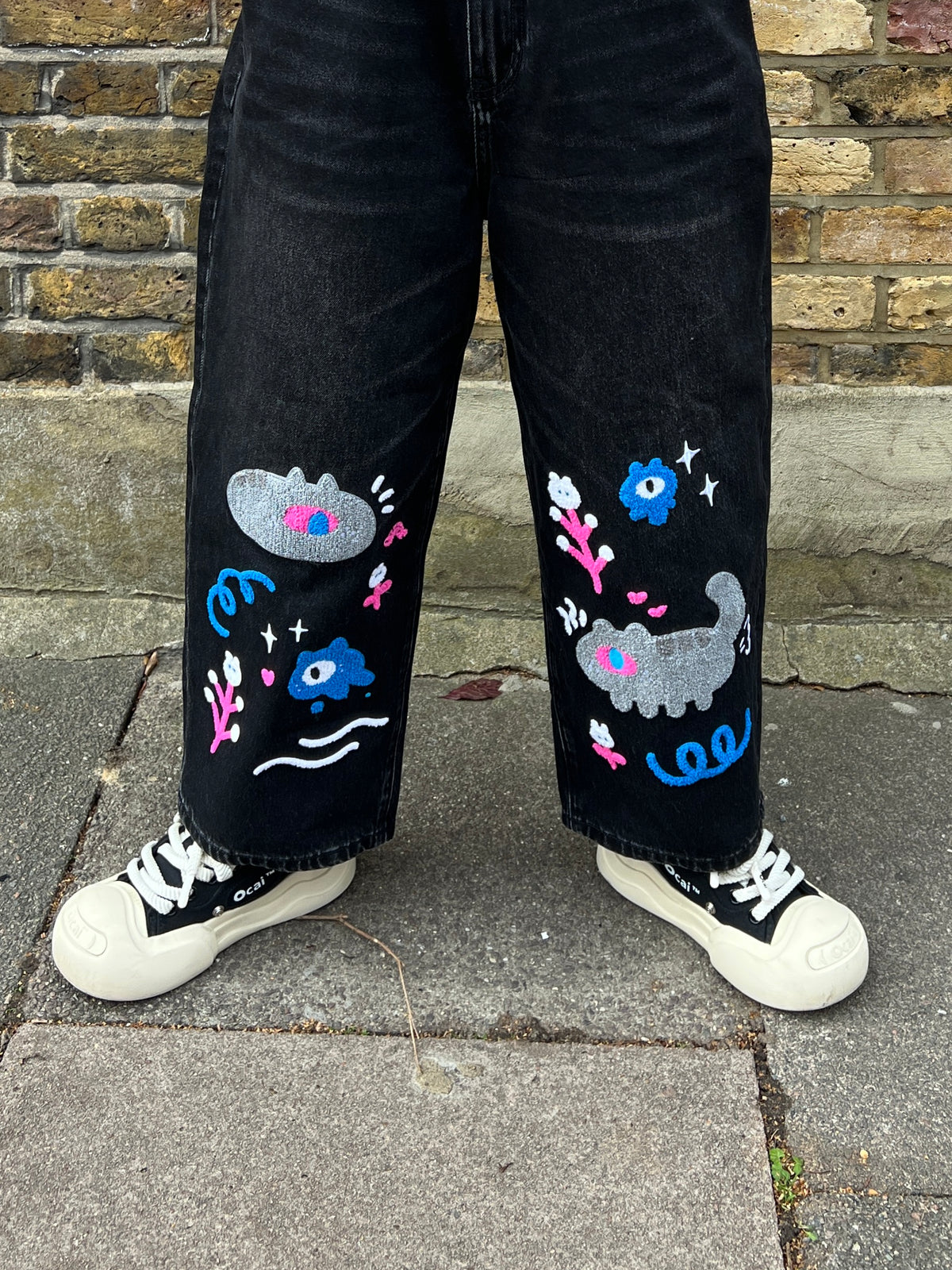 Yokai Cat Straight Leg Cropped Denim Pants - Washed Black