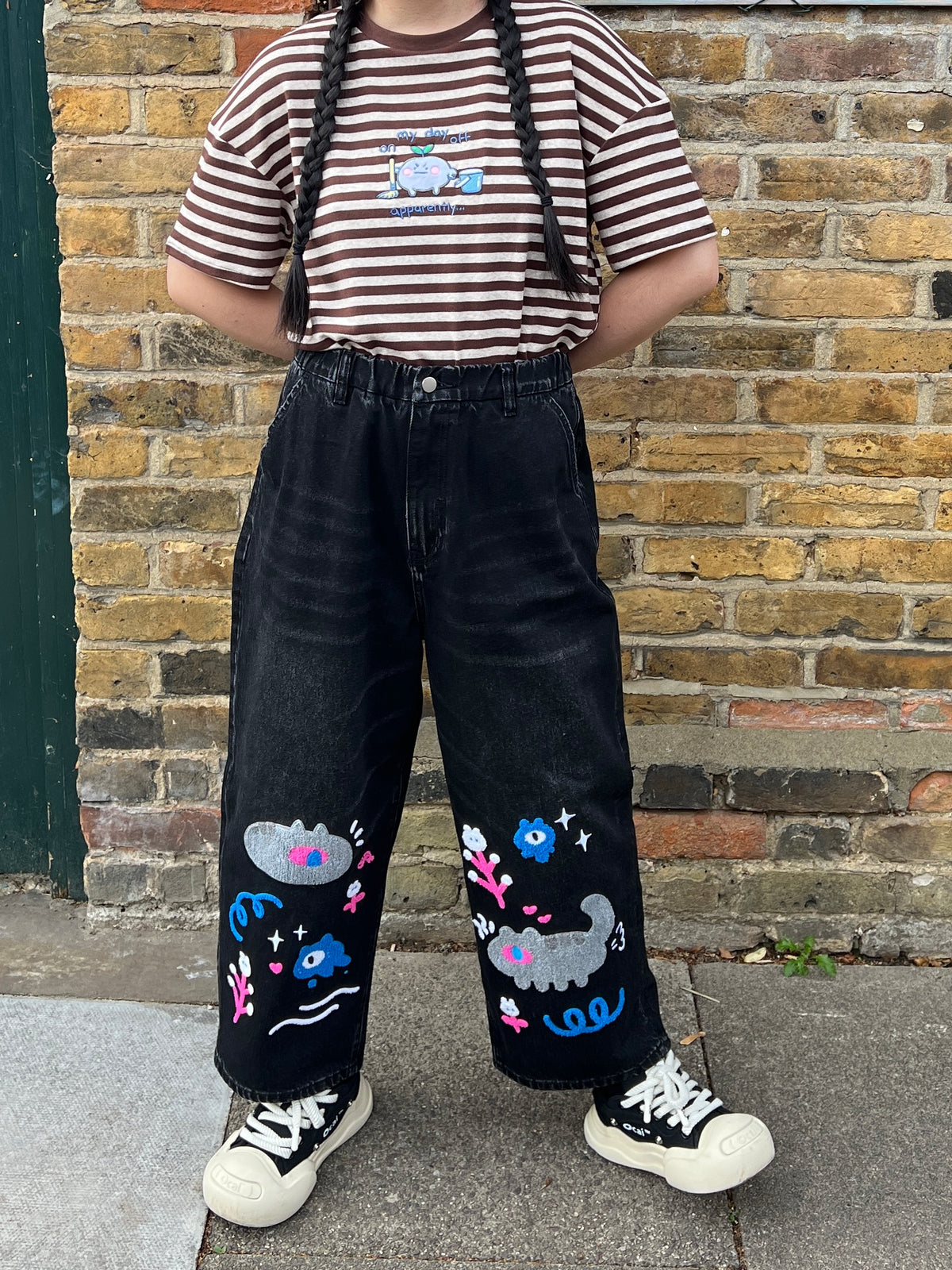 Yokai Cat Straight Leg Cropped Denim Pants - Washed Black