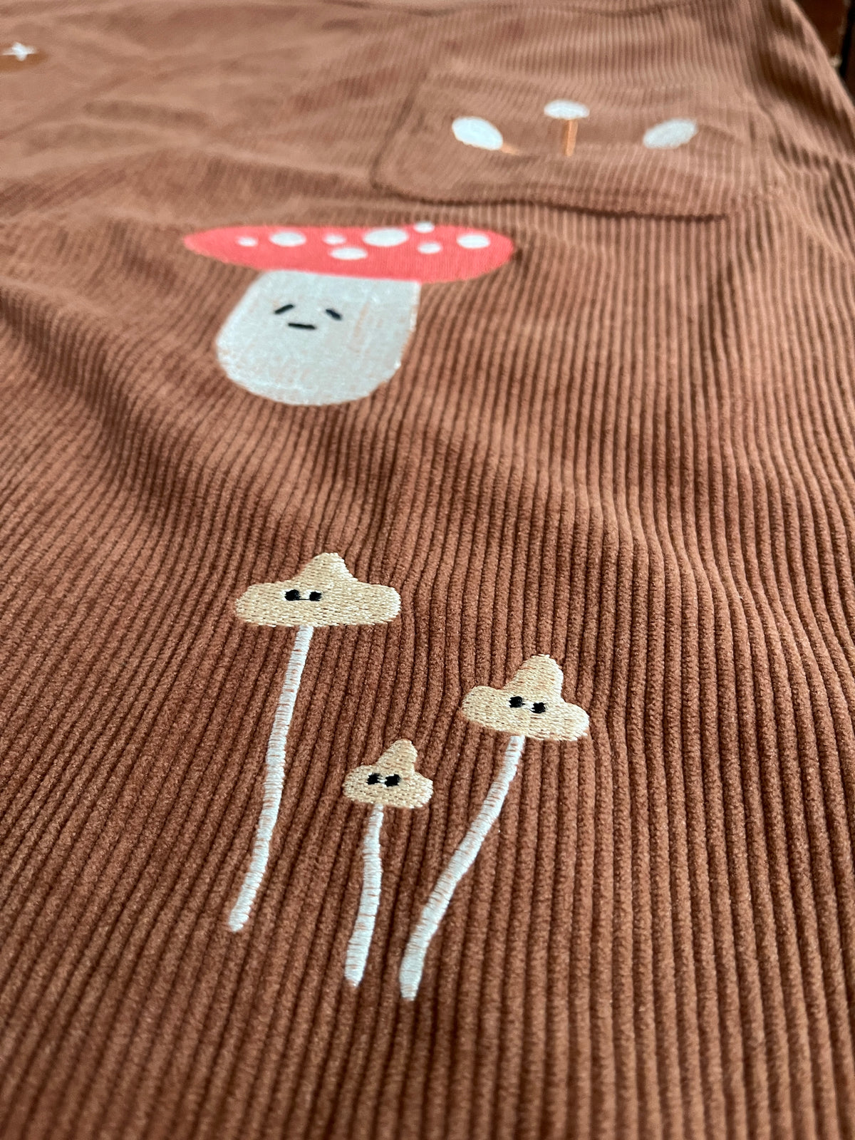 Mushroom Embroidered High-waisted Wide-leg Brown Dungarees