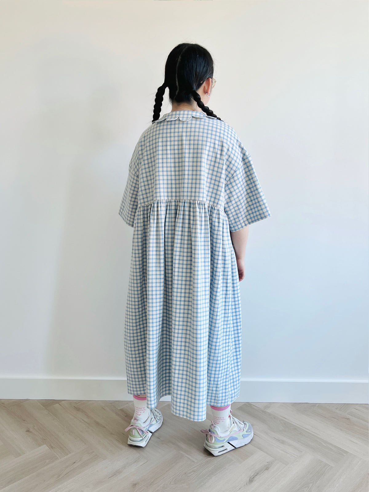 Percy midi dress - cream/blue check on Herringbone 🪻🐝