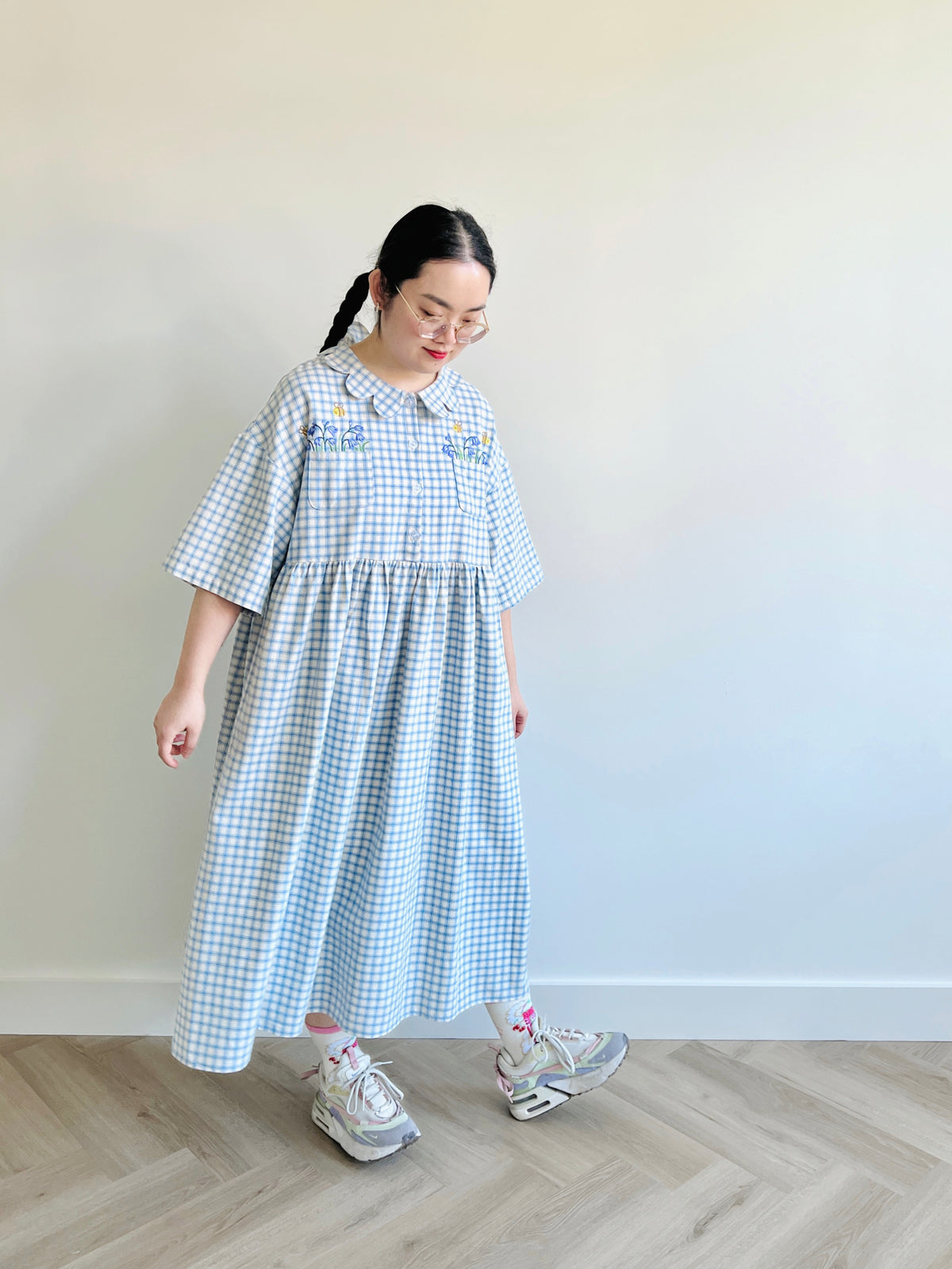 Percy midi dress - cream/blue check on Herringbone 🪻🐝