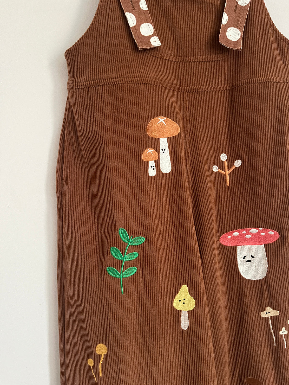 Mushroom Embroidered High-waisted Wide-leg Brown Dungarees