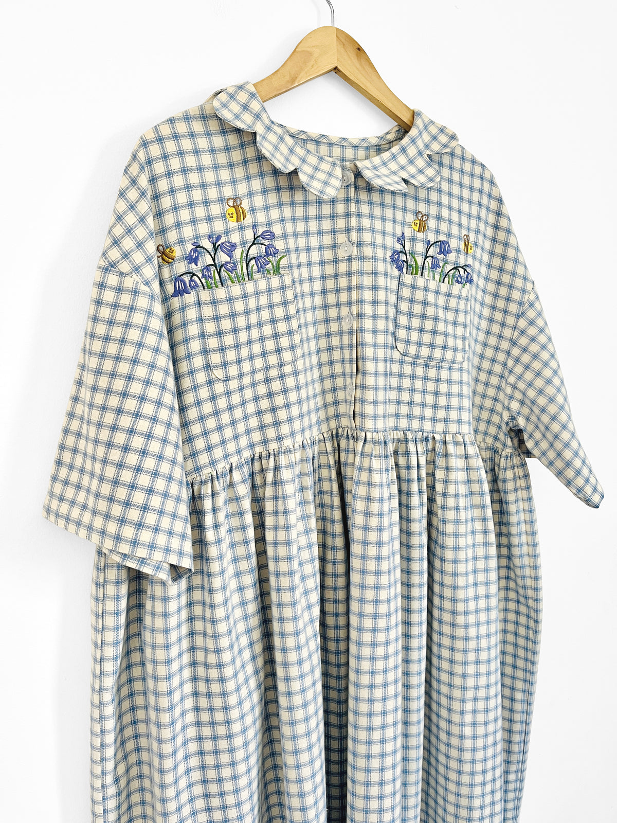 Percy midi dress - cream/blue check on Herringbone 🪻🐝