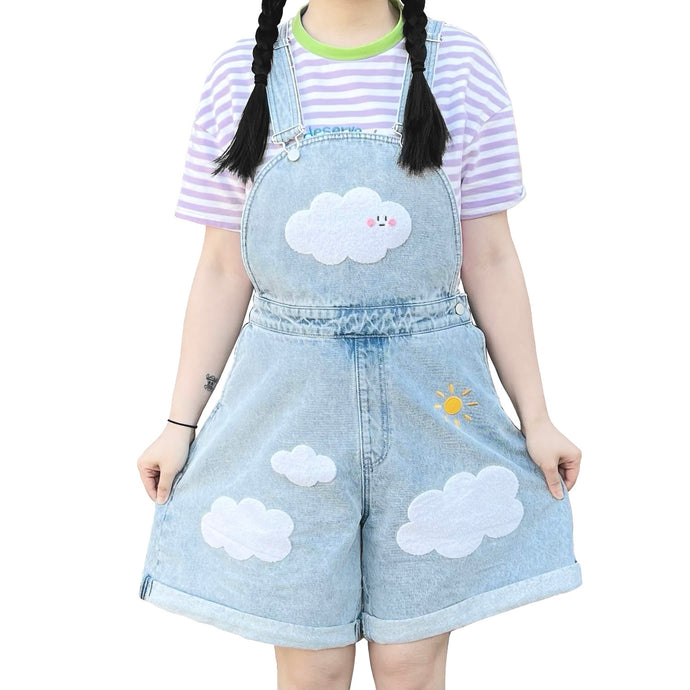 Cloud embroidered light blue denim overall shorts