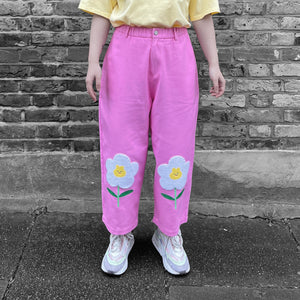 Happy bunny embroidered straight leg cotton pants