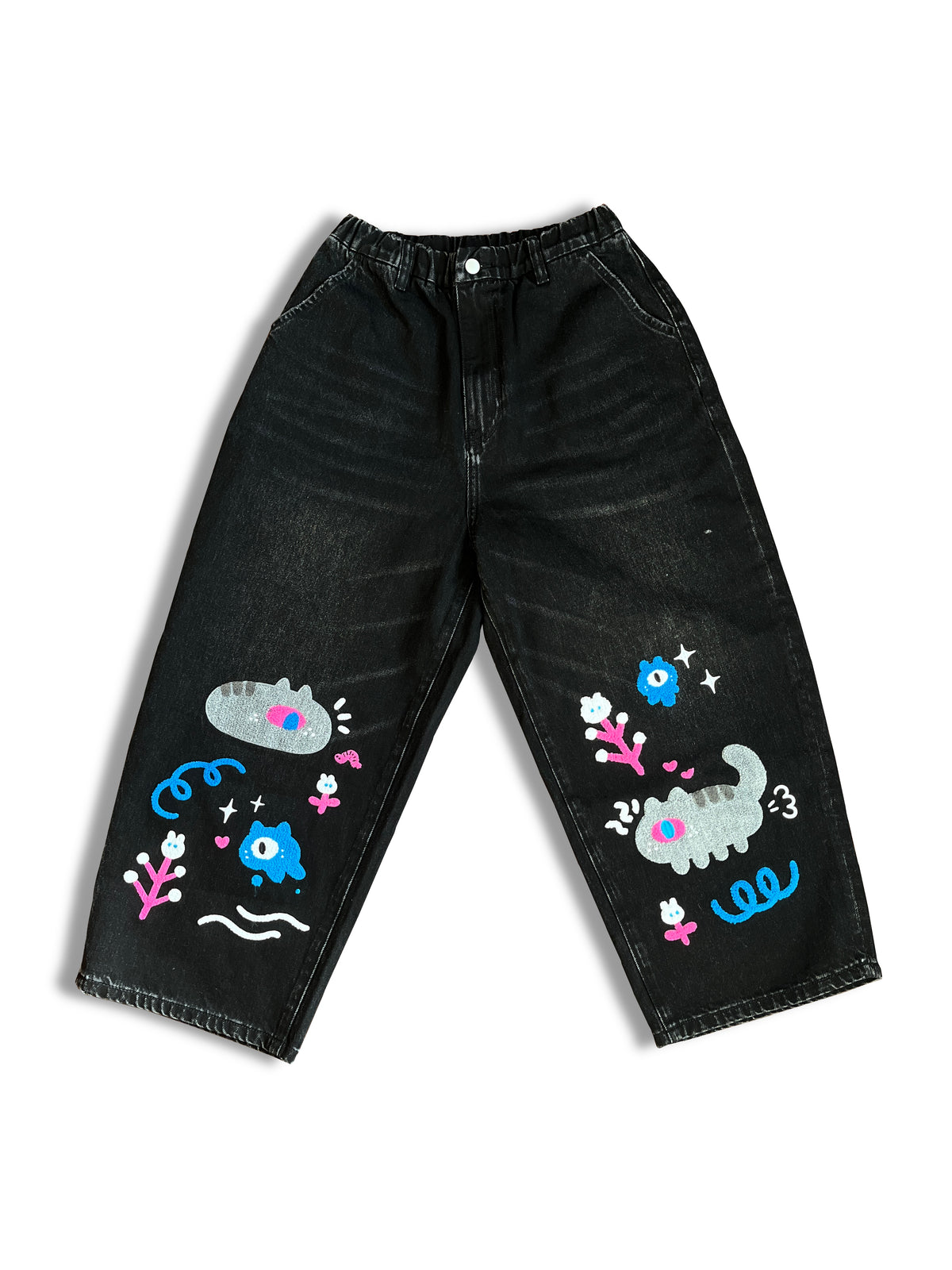 Yokai Cat Straight Leg Cropped Denim Pants - Washed Black
