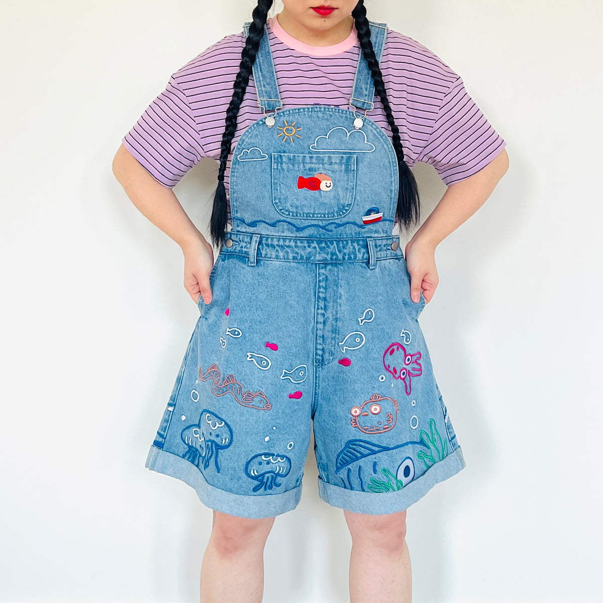 UMI Dungarees Denim Shorts 🌊 Ponyo Inspired Scenic Iillustration Embroidered Umi 🐟🐠🐡 Denim