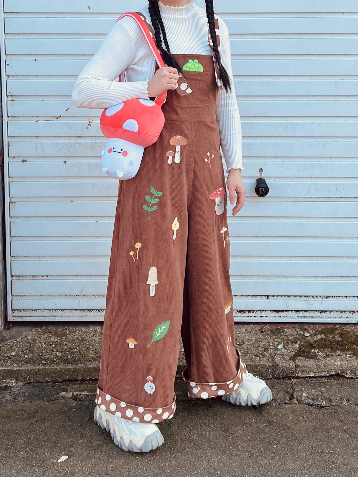 Mushroom Embroidered High-waisted Wide-leg Brown Dungarees