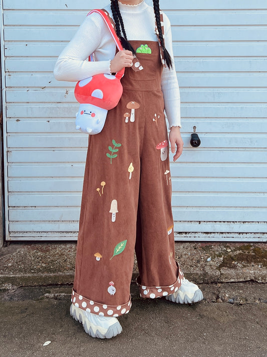 Mushroom Embroidered High-waisted Wide-leg Brown Dungarees