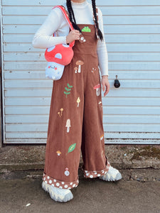 PREORDER Mushroom embroidered high waisted wide leg overalls