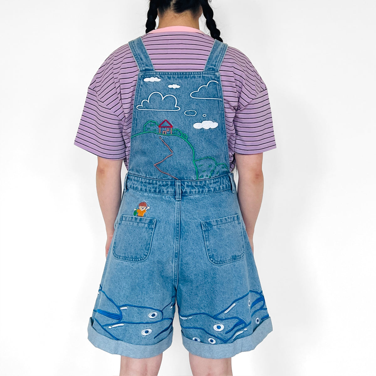 UMI Dungarees Denim Shorts 🌊 Ponyo Inspired Scenic Iillustration Embroidered Umi 🐟🐠🐡 Denim