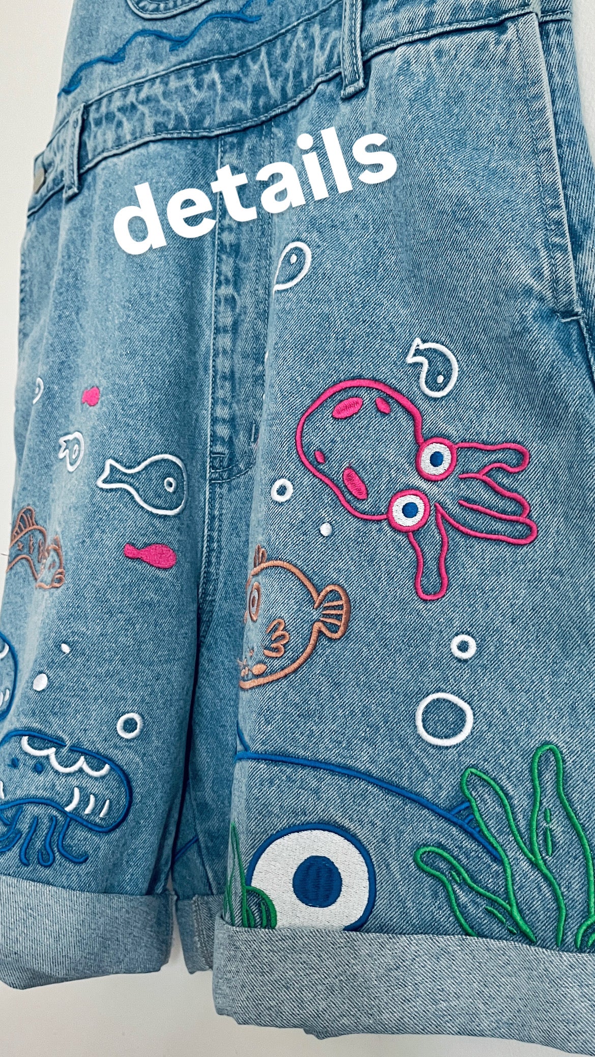UMI Dungarees Denim Shorts 🌊 Ponyo Inspired Scenic Iillustration Embroidered Umi 🐟🐠🐡 Denim