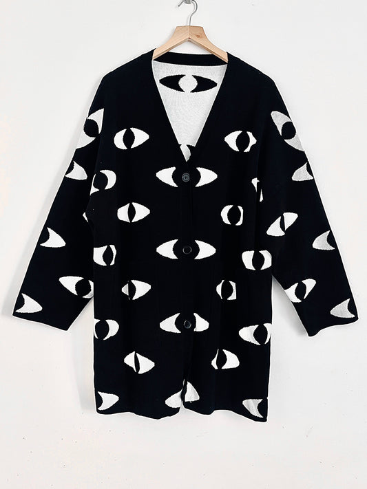 Yokai Bunny "I See You" Eyes Pattern Oversize Chunky Knit Cotton Long Cardigan