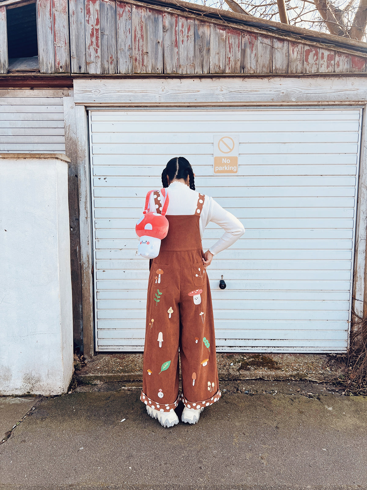 Mushroom Embroidered High-waisted Wide-leg Brown Dungarees