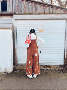 PREORDER Mushroom embroidered high waisted wide leg overalls