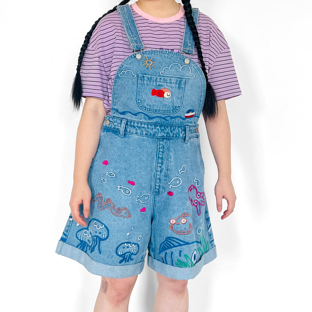 UMI Dungarees Denim Shorts 🌊 Ponyo Inspired Scenic Iillustration Embroidered Umi 🐟🐠🐡 Denim