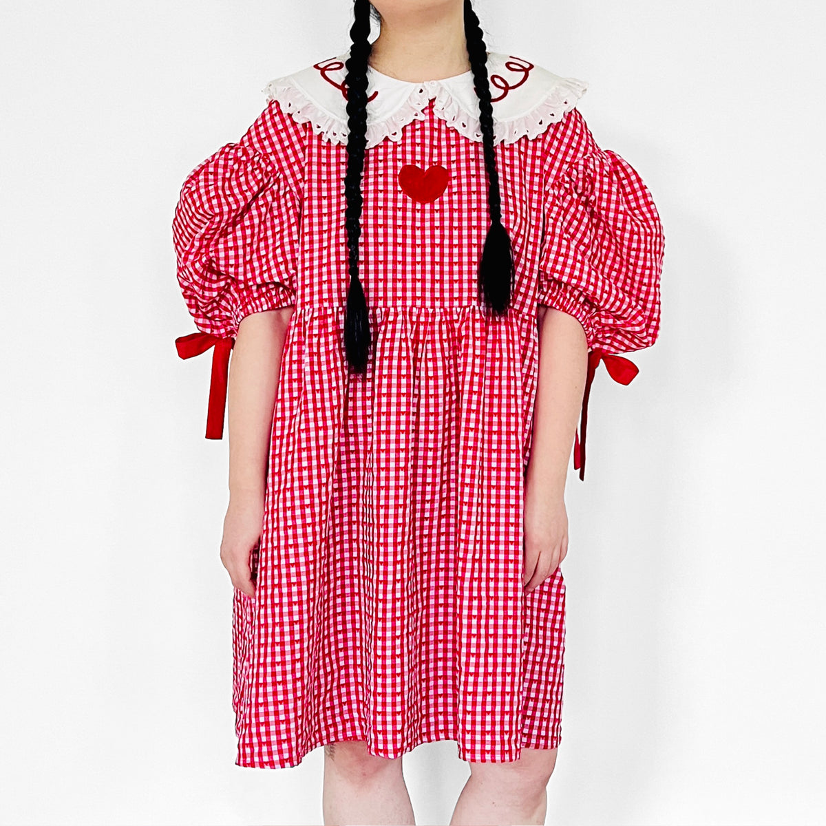 Marissa dress ❤️ Ponyo inspired puff-sleeve bubble gingham dress with Peter Pan collar and velvet heart patchwork