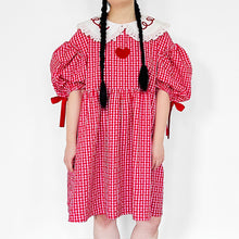 PREORDER - Marissa dress ❤️Ponyo inspired puffer sleeve bubble gingham dress with Peter Pan collar and velvet heart patchwork