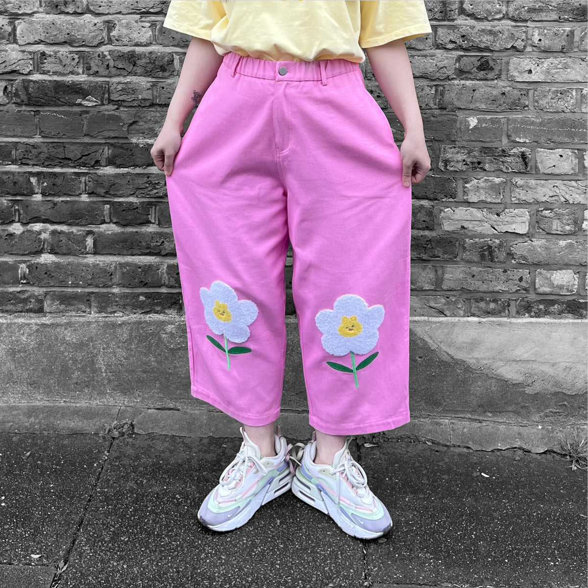 50% OFF Happy Bunny Embroidered Straight Leg Cotton Twill Pants