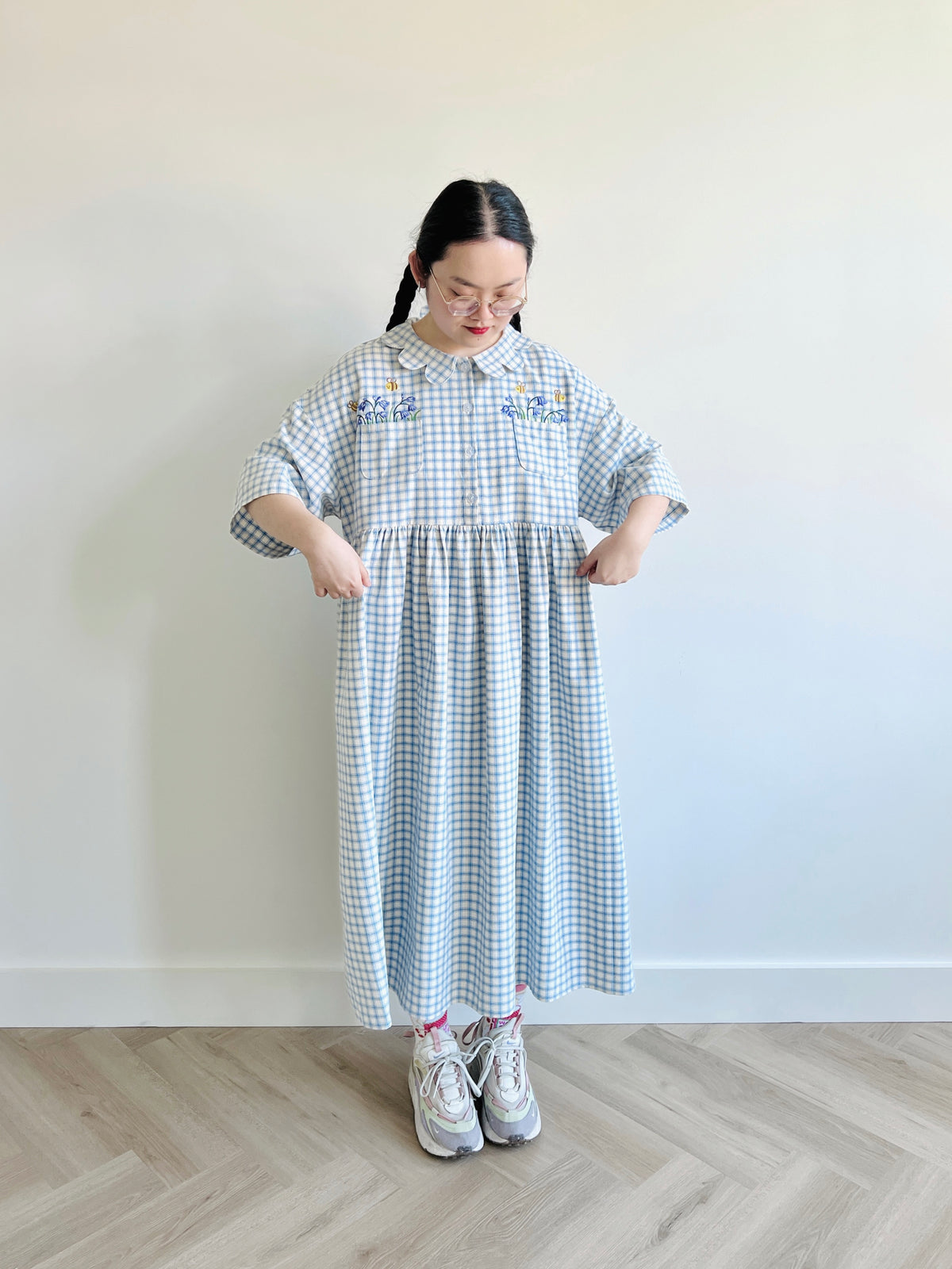 Percy midi dress - cream/blue check on Herringbone 🪻🐝