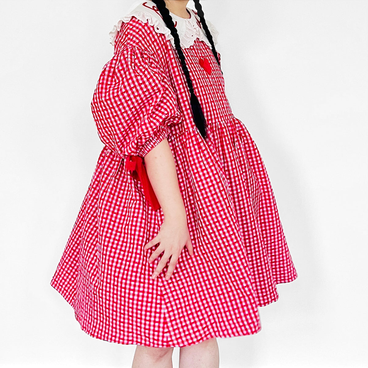 Marissa dress ❤️ Ponyo inspired puff-sleeve bubble gingham dress with Peter Pan collar and velvet heart patchwork