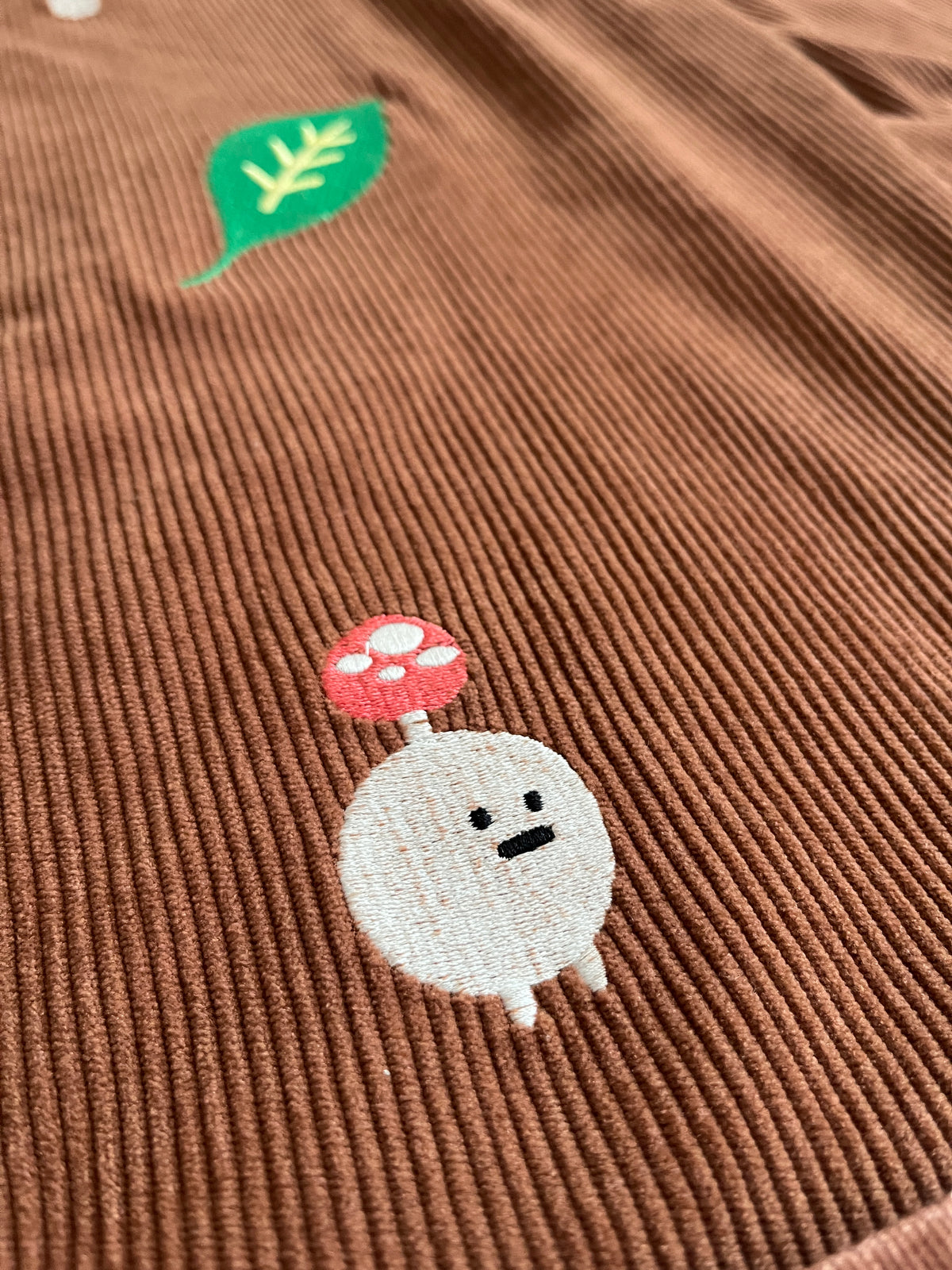 Mushroom Embroidered High-waisted Wide-leg Brown Dungarees