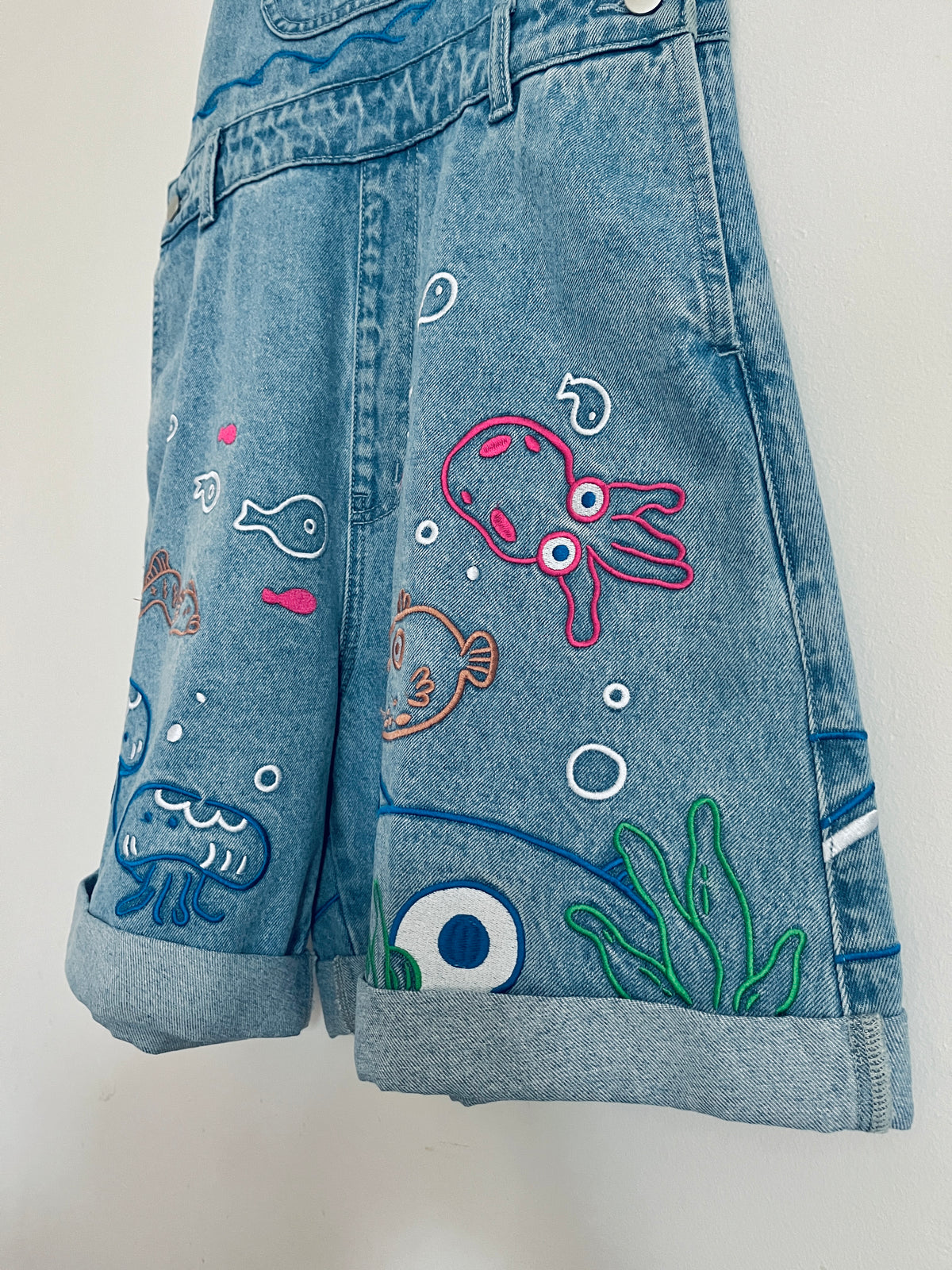 UMI Dungarees Denim Shorts 🌊 Ponyo Inspired Scenic Iillustration Embroidered Umi 🐟🐠🐡 Denim