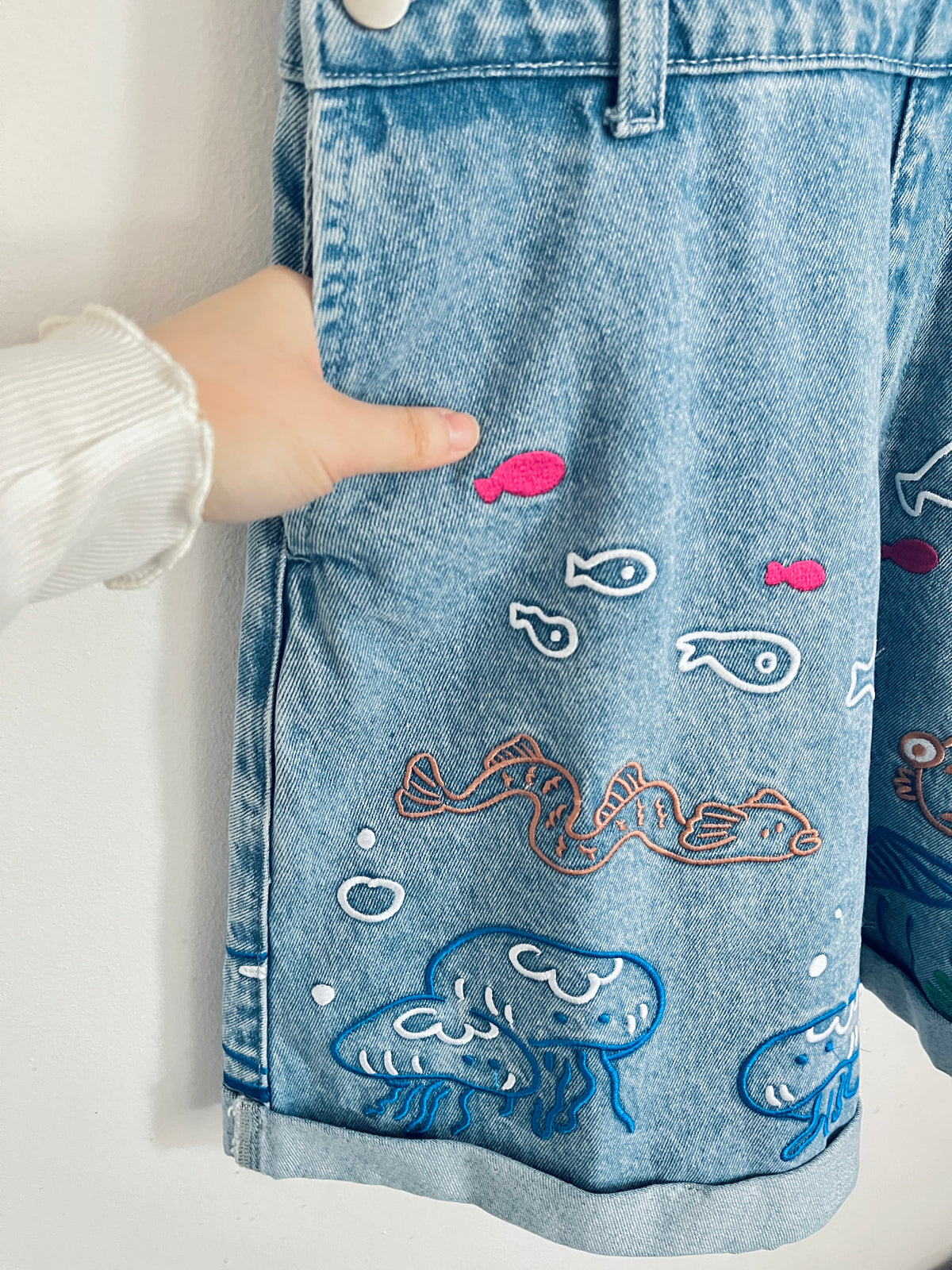 UMI Dungarees Denim Shorts 🌊 Ponyo Inspired Scenic Iillustration Embroidered Umi 🐟🐠🐡 Denim