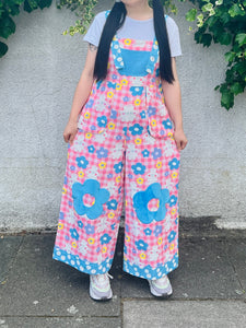 PREORDER Happy bunny floral pattern high waisted wide leg overalls