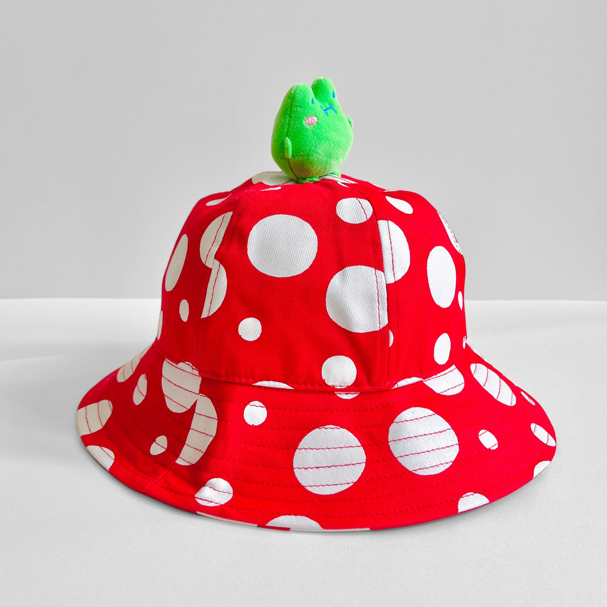 Mushroom Red Bucket Hat & 3D Sue Frog Plushie Topper
