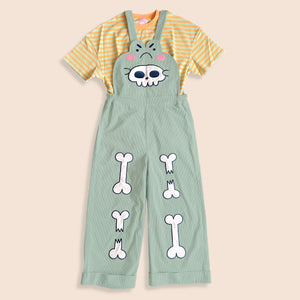 Spooky! Grumpy frog overalls with broken bones patches