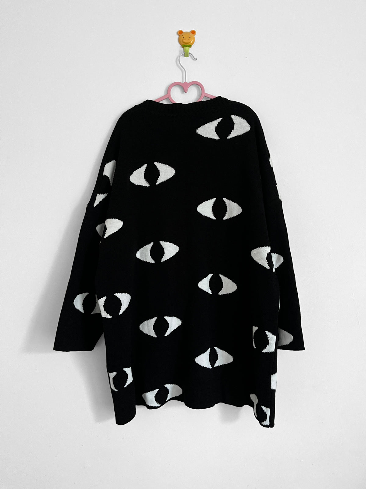 Yokai Bunny "I See You" Eyes Pattern Oversize Chunky Knit Cotton Long Cardigan