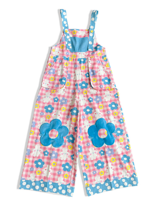 PREORDER Happy bunny floral pattern high waisted wide leg overalls