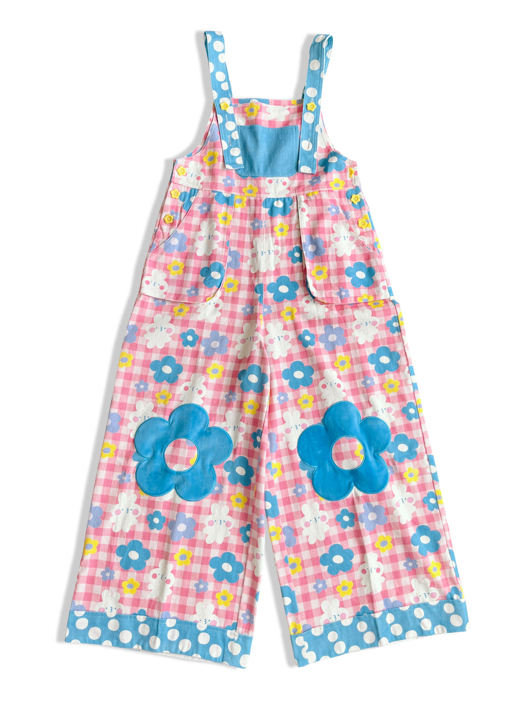 PREORDER Happy bunny floral pattern high waisted wide leg overalls