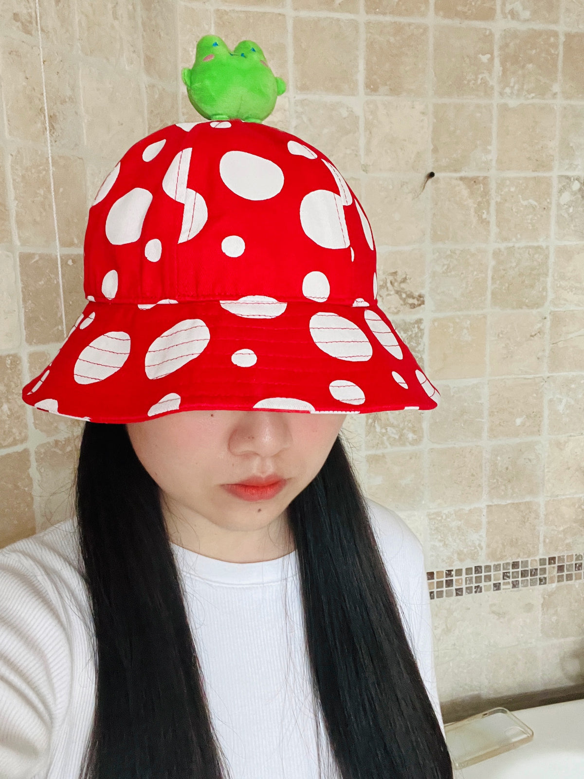 Mushroom Red Bucket Hat & 3D Sue Frog Plushie Topper