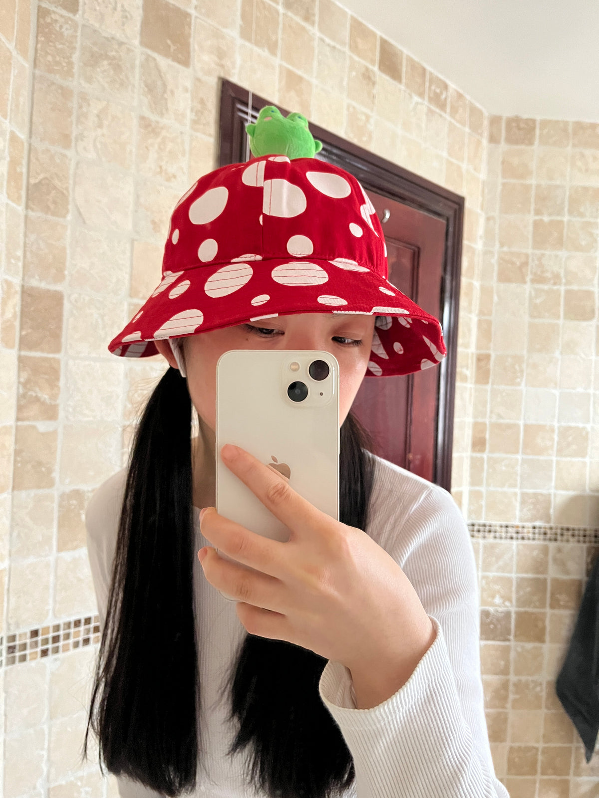 Mushroom Red Bucket Hat & 3D Sue Frog Plushie Topper