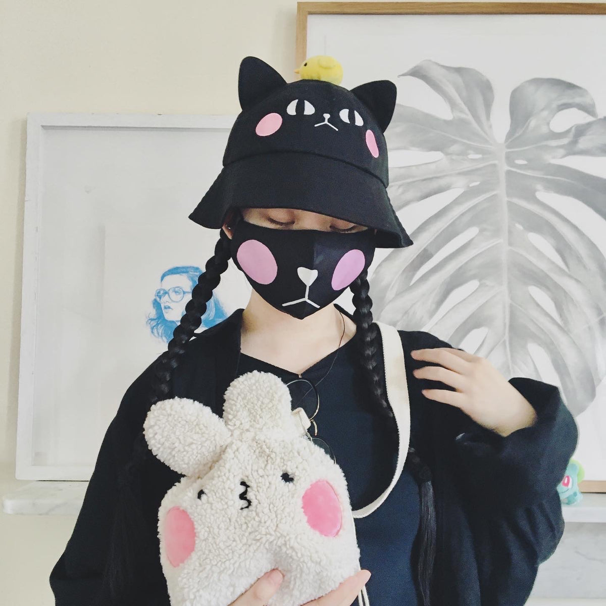 Naomi Black Cotton Bucket Hat & 3D Bird Plushie Topper