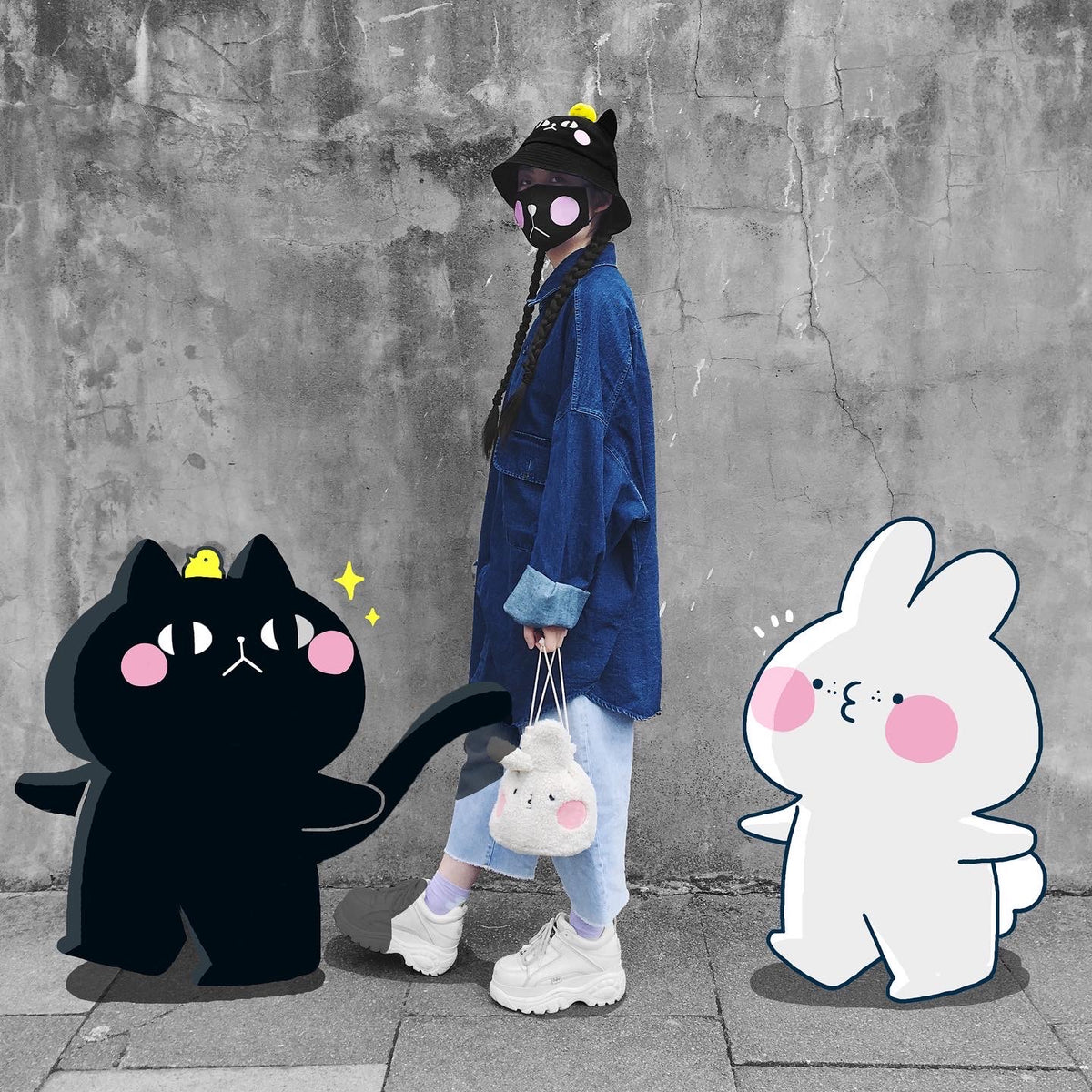 Naomi Black Cotton Bucket Hat & 3D Bird Plushie Topper