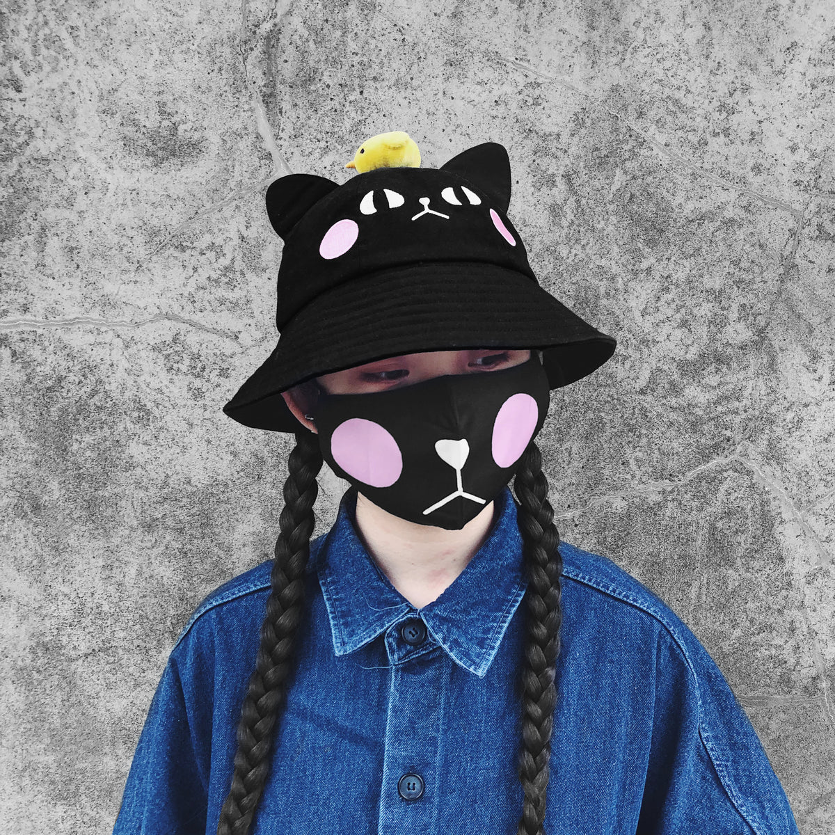 Naomi Black Cotton Bucket Hat & 3D Bird Plushie Topper
